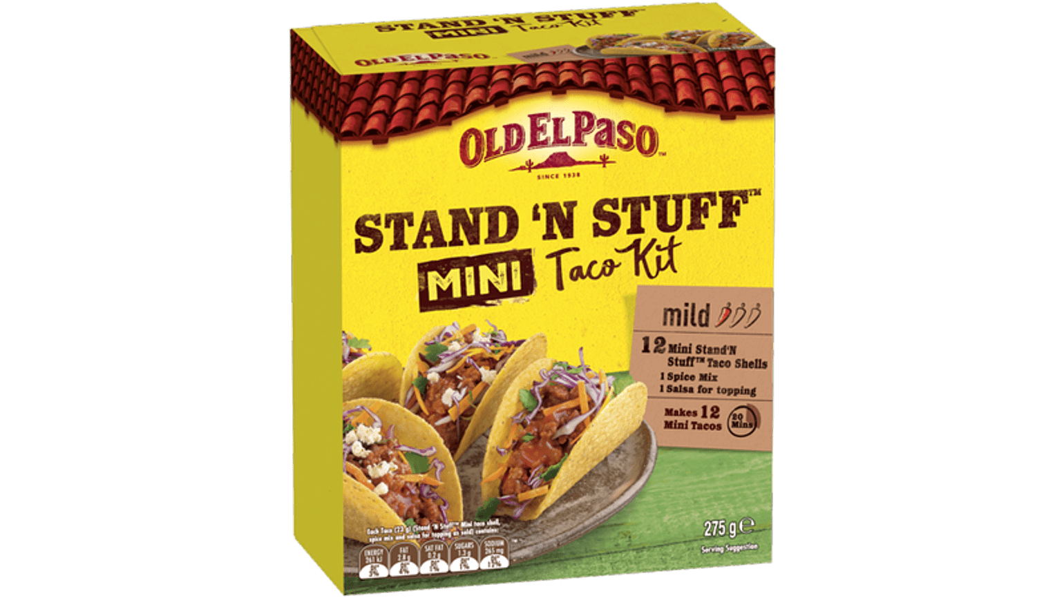 a pack of Old El Paso's stand n stuff mini taco kit mild containing mini taco shells, spice mix & salsa for topping (275g)